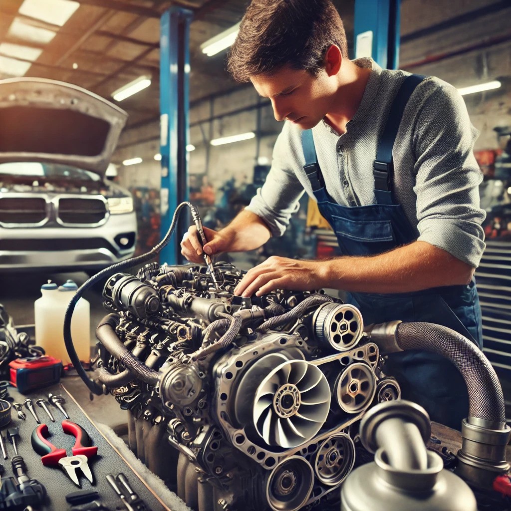 Mechanic working on a diesel engine at Tichi Auto Repair in Edmonton, showcasing expert diesel engine repair services with tools and diagnostic equipment in the background.