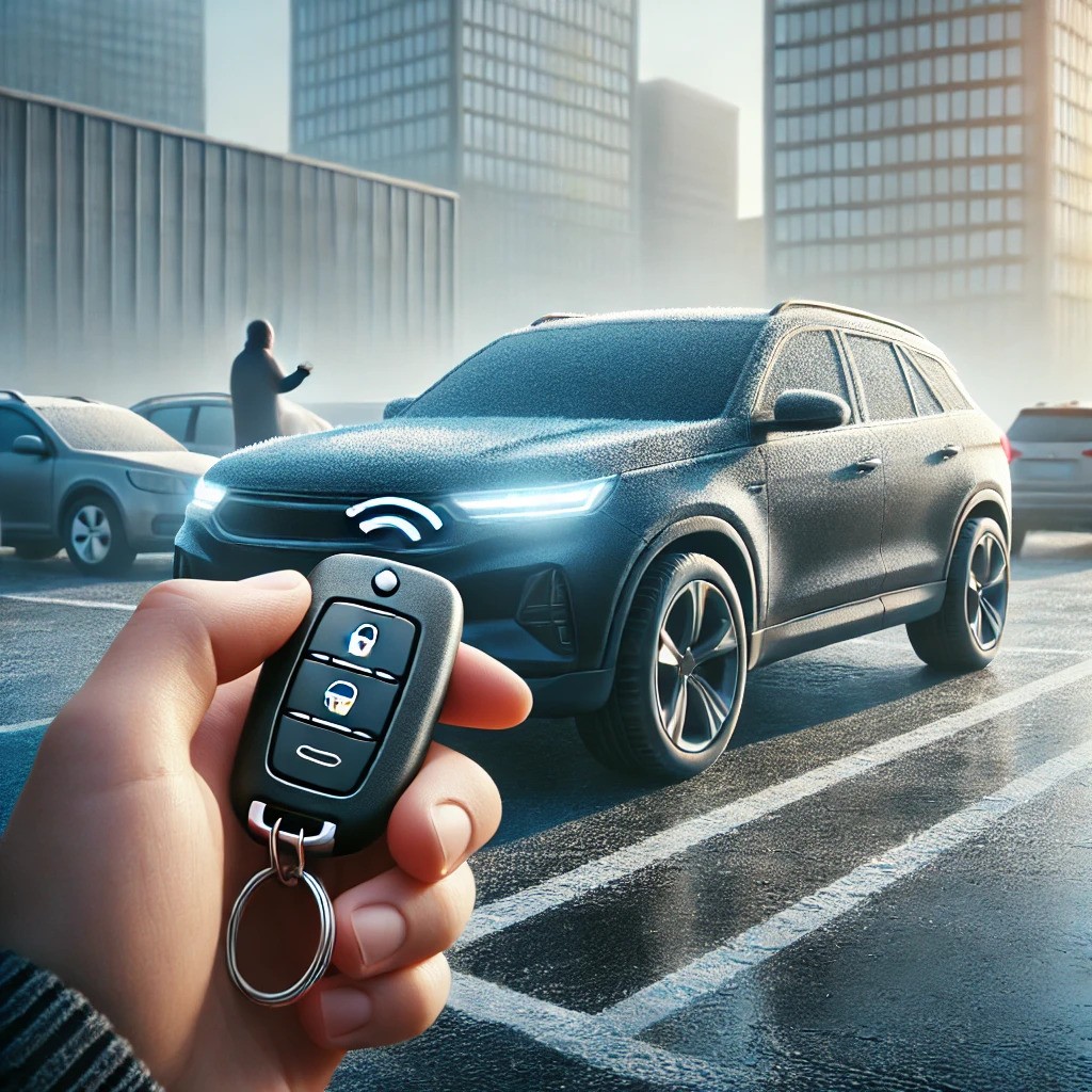 Person using a key fob to start a car remotely in an urban parking lot with frost on the windshield, showcasing the convenience of remote car starter installation at Tichi Auto Repair in Edmonton.