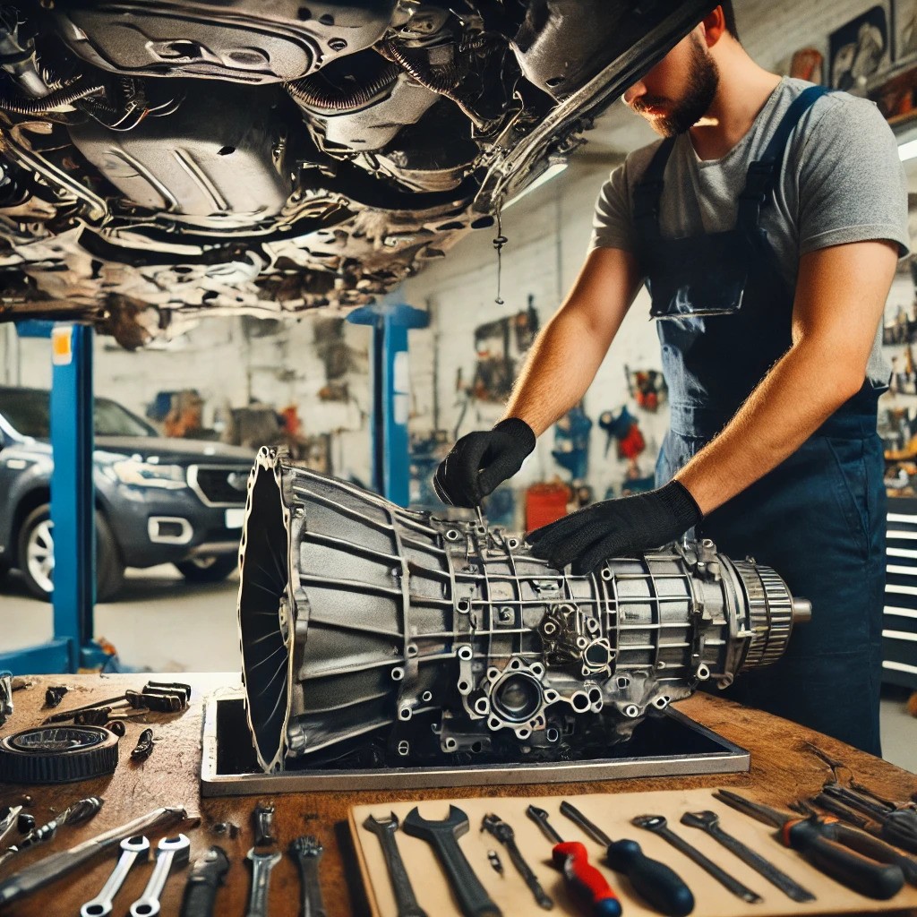 Mechanic working on a vehicle's transmission at Tichi Auto Repair in Edmonton, showcasing expert transmission repair services with tools and equipment in the background.