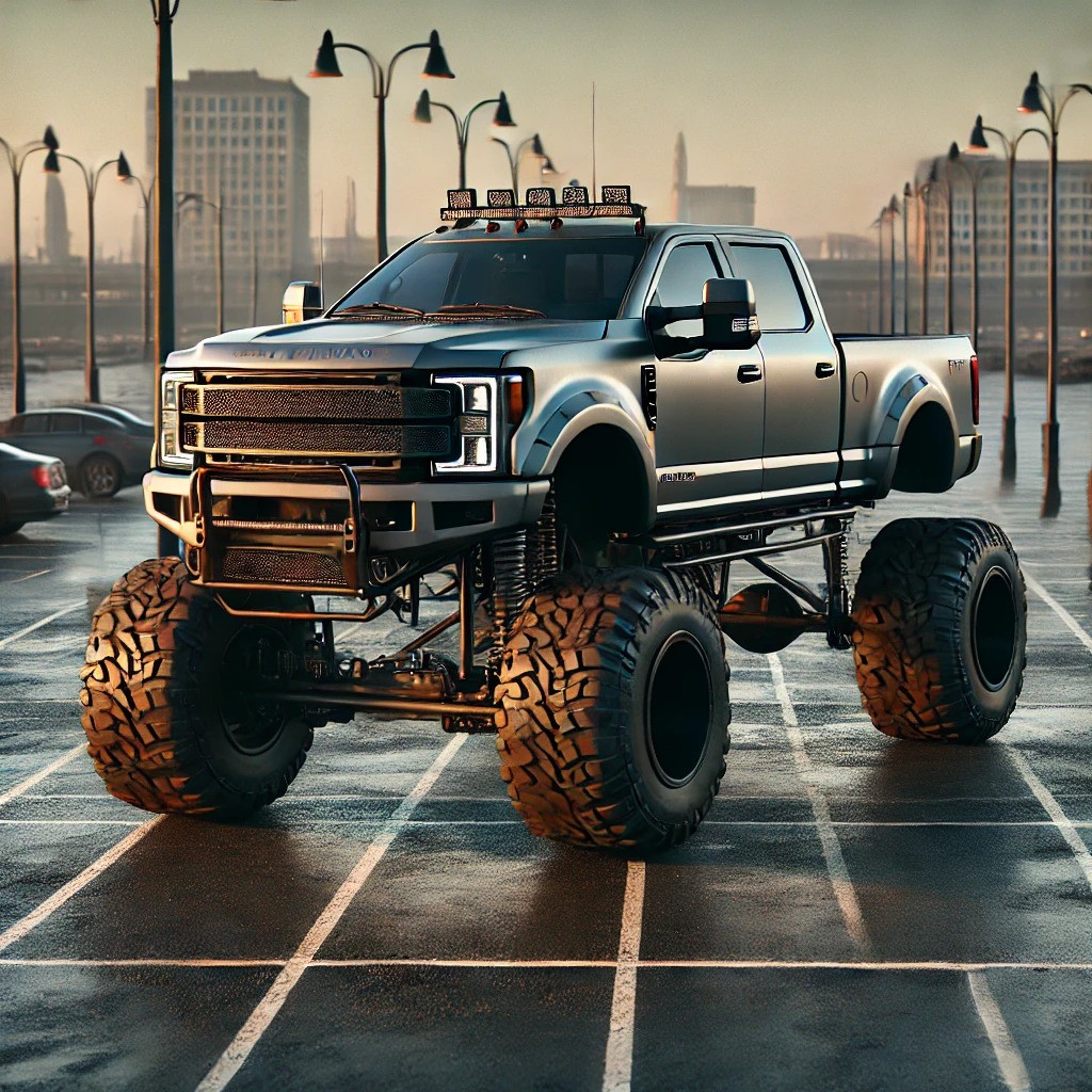 Truck with suspension lift kit parked in an empty parking lot in Edmonton, showcasing rugged tires and elevated chassis.